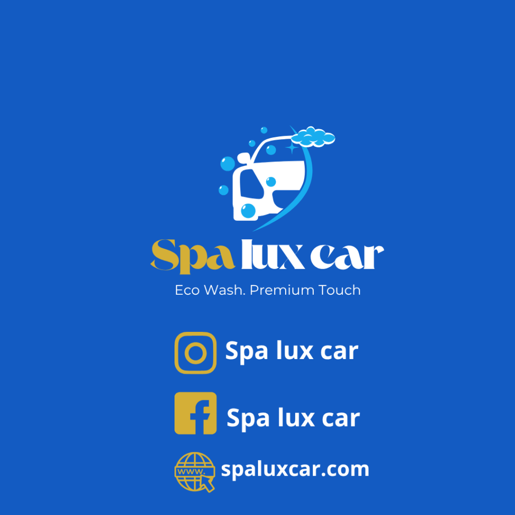Logo of Spa lux car with contact details for Instagram, Facebook, and website on a blue background.
